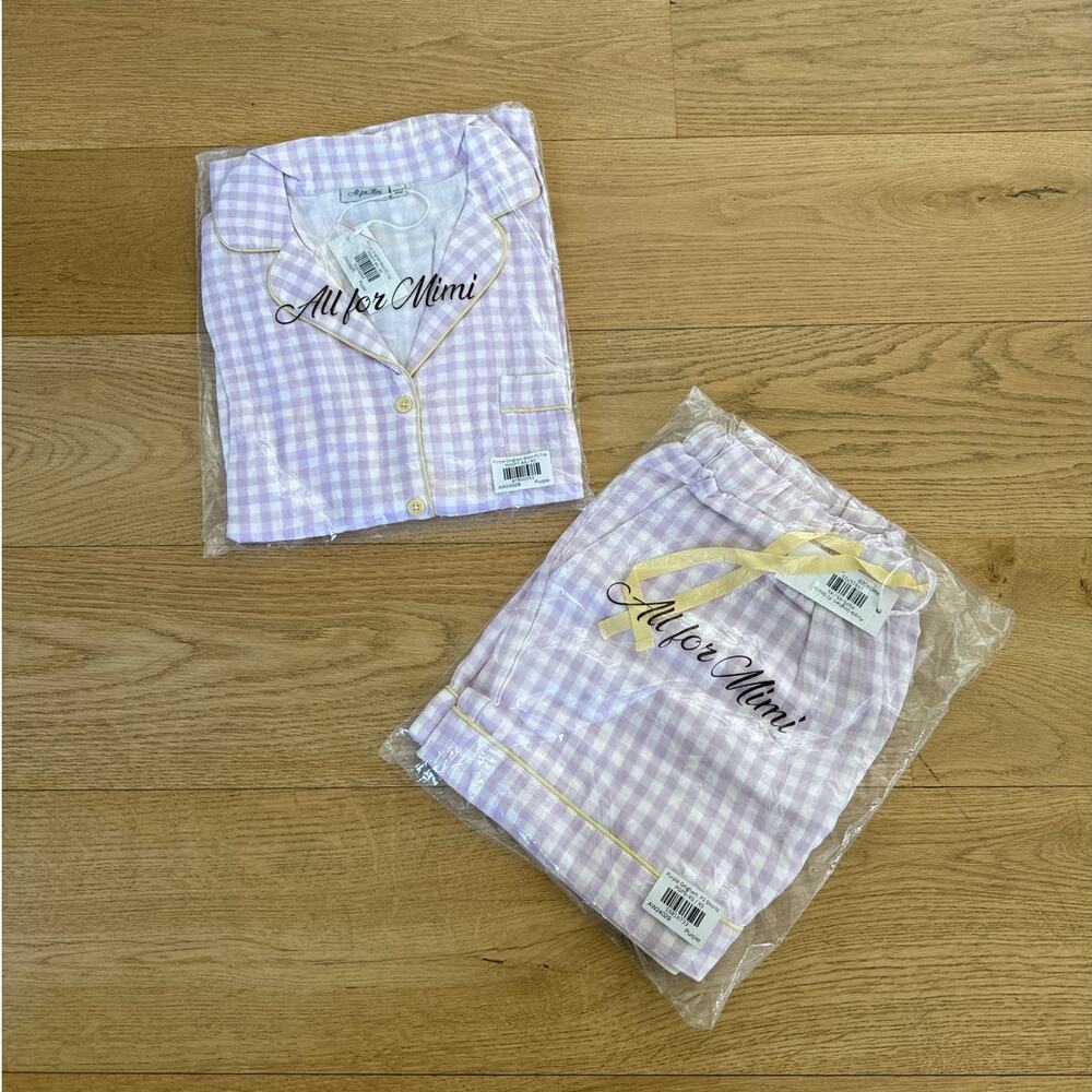 All for Mimi Gingham PJ Short Sleeve Top & Short Set Size XS Purple Yellow